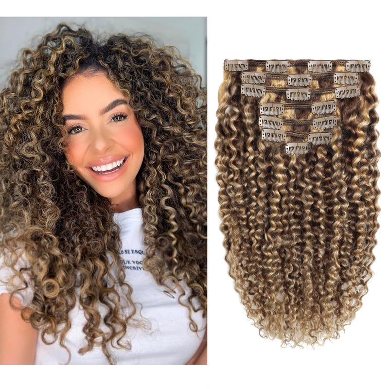 Lacer Curly Clip in Human Hair Extensions Jerry Curly 3B 3C Real Hair Clip in Extensions For Black Women Dark Brown mixed with Strawberry Blonde 100% Brazilian African Hair Extensions (20 inch #P4/27) - Image 1